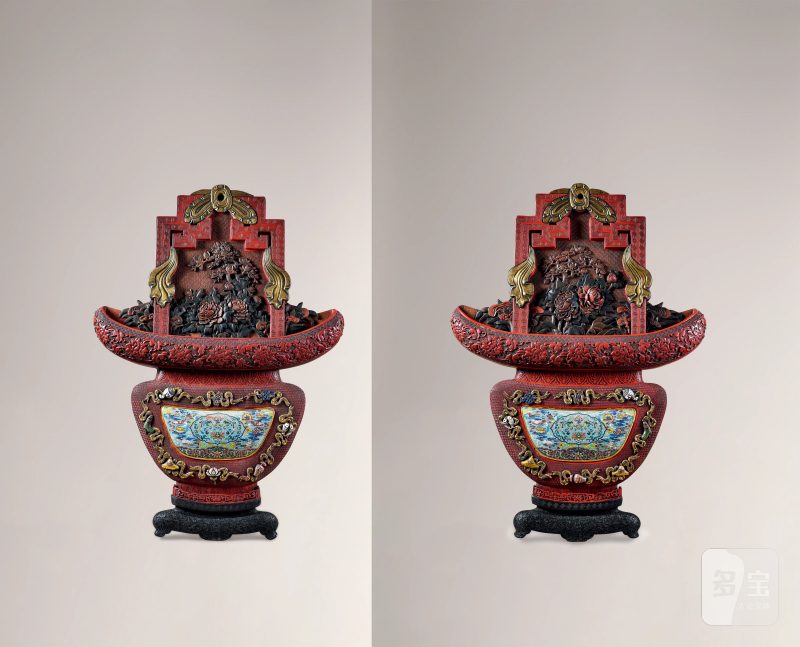清中期 剔彩嵌珐琅吉庆八宝纹花篮形璧屏一对